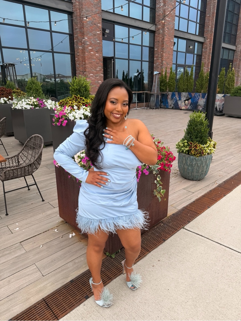 Mac Duggal One-Shoulder Light Blue Dress with Feather Hem